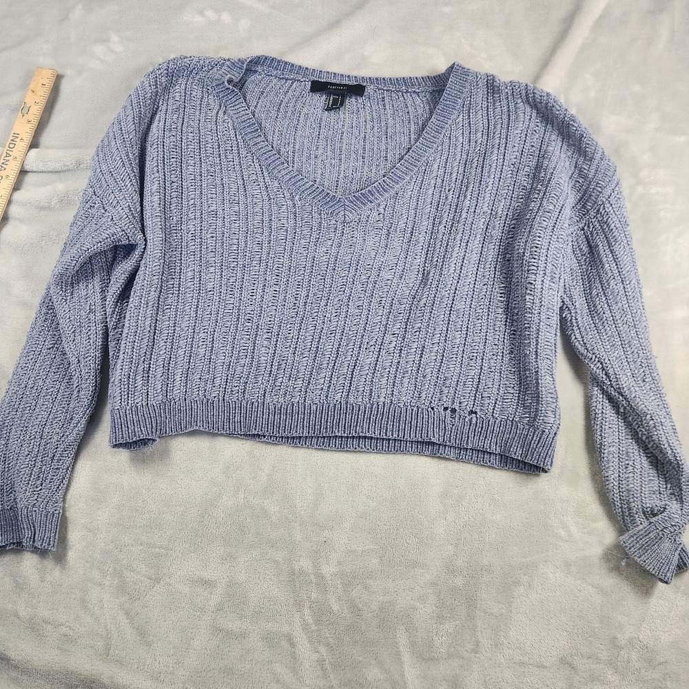 FOREVER 21 BLUE V-NECK CABLEKNIT SWEATER S Y2K RETRO COZYCORE COQUETTE